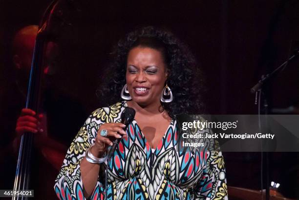 American Jazz vocalist Dianne Reeves performs with her quintet during a JVC Jazz Festival concert at Carnegie Hall, New York, New York, June 27,...