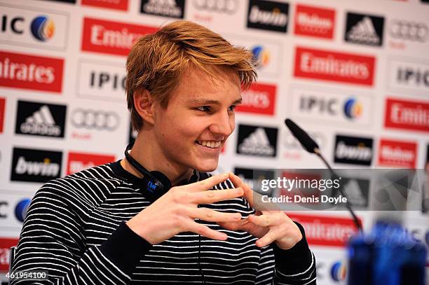 Martin Odegaard from Norway answers a question from a member of the media during his press conference at Real Madrid's Valdebebas training grounds...