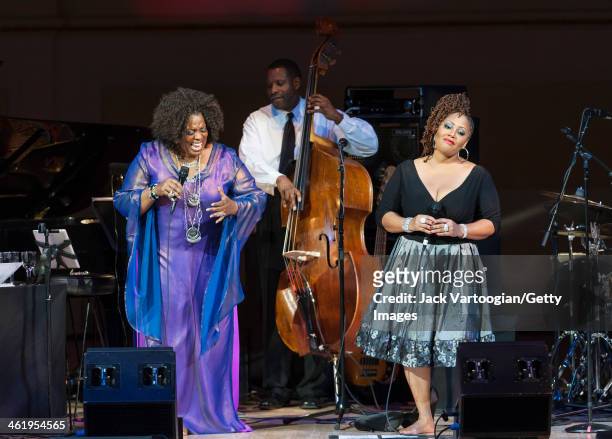 American Jazz vocalist Dianne Reeves and special guest singer Lalah Hathaway perform during the 'Dianne Reeves and Friends' concert at Carnegie Hall,...