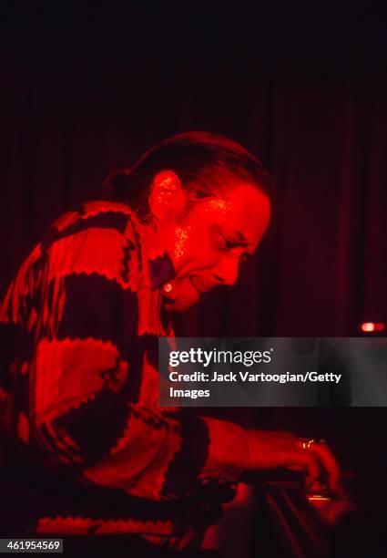 American Jazz musician and composer Horace Silver plays piano as he leads his Silver Brass Ensemble during a performance at The Blue Note, New York,...