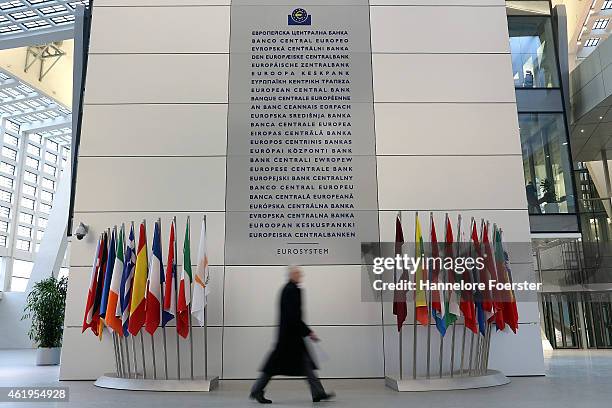 The hall of the new ECB on January 22, 2015 in Frankfurt, Germany. The Eurozone group of nations is threatened by potential deflation and many...