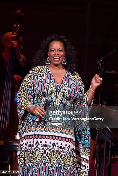 American Jazz vocalist Dianne Reeves performs with her quintet during a JVC Jazz Festival concert at Carnegie Hall, New York, New York, June 27,...