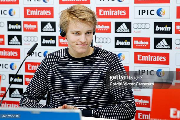 Martin Odegaard looks on as he gives a press conference during his official unveiling as a new real Madrid player at the Valdebebas Ciudad Real...