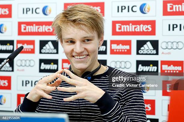 Martin Odegaard answers a question during his official unveiling as a new real Madrid player at the Valdebebas Ciudad Real Madrid on January 22, 2015...