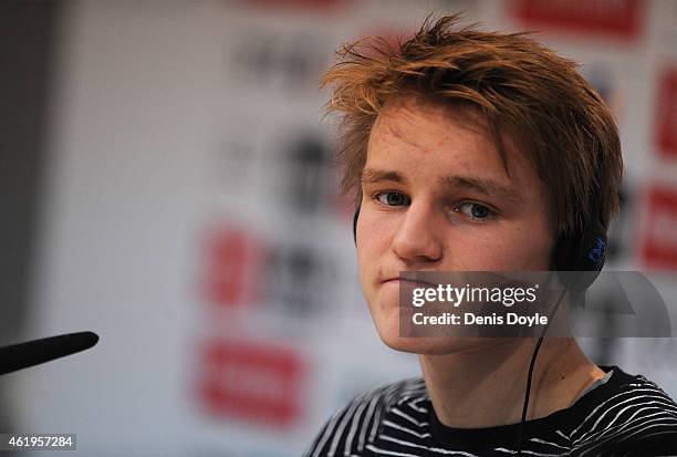 Martin Odegaard from Norway answers a question from a member of the media during his press conference at Real Madrid's Valdebebas training grounds...