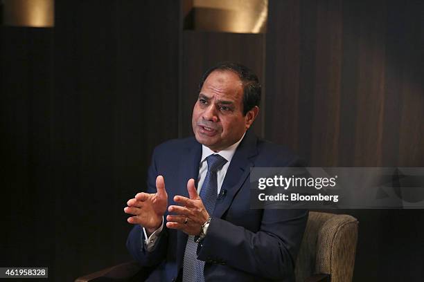 Abdel-Fattah El-Sisi, Egypt's president, gestures as he speaks during a Bloomberg Television interview on day two of the World Economic Forum in...