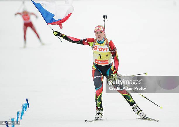 Gabriela Soukalova of the Czech Republic celebrates victory in the womens 10km pursuit on day five of the E.On IBU World Cup Biathlon on January 12,...