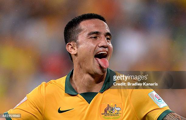 Tim Cahill of Australia celebrates after scoring a goal during the 2015 Asian Cup match between China PR and the Australian Socceroos at Suncorp...