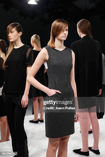 Models pose at the Whitetail show during the Mercedes-Benz Fashion Week Berlin Autumn/Winter 2015/16 at Brandenburg Gate on January 22, 2015 in...