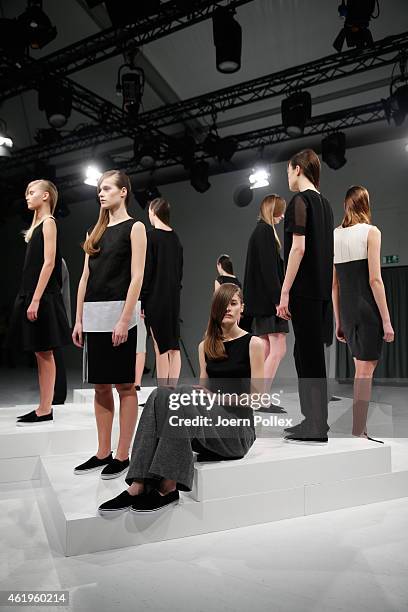 Models pose at the Whitetail show during the Mercedes-Benz Fashion Week Berlin Autumn/Winter 2015/16 at Brandenburg Gate on January 22, 2015 in...