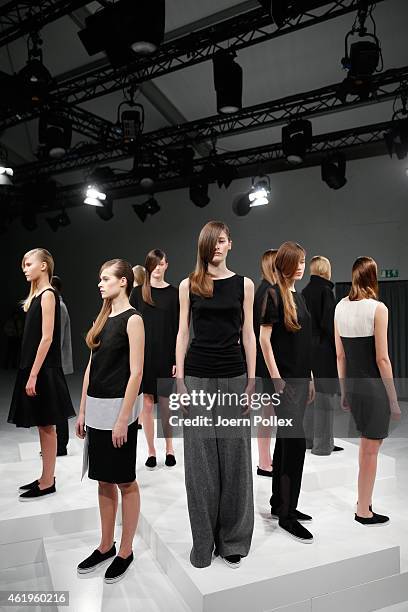 Models pose at the Whitetail show during the Mercedes-Benz Fashion Week Berlin Autumn/Winter 2015/16 at Brandenburg Gate on January 22, 2015 in...