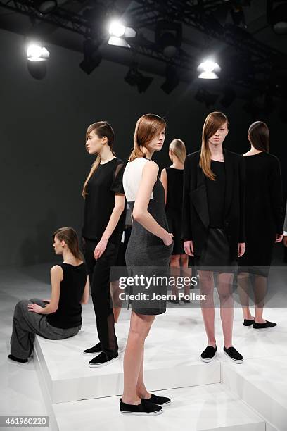 Models pose at the Whitetail show during the Mercedes-Benz Fashion Week Berlin Autumn/Winter 2015/16 at Brandenburg Gate on January 22, 2015 in...