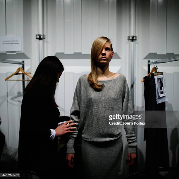 Model is seen backstage ahead of the Whitetail show during the Mercedes-Benz Fashion Week Berlin Autumn/Winter 2015/16 at Brandenburg Gate on January...