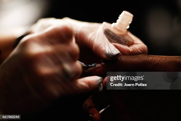 General view backstage ahead of the Whitetail show during the Mercedes-Benz Fashion Week Berlin Autumn/Winter 2015/16 at Brandenburg Gate on January...