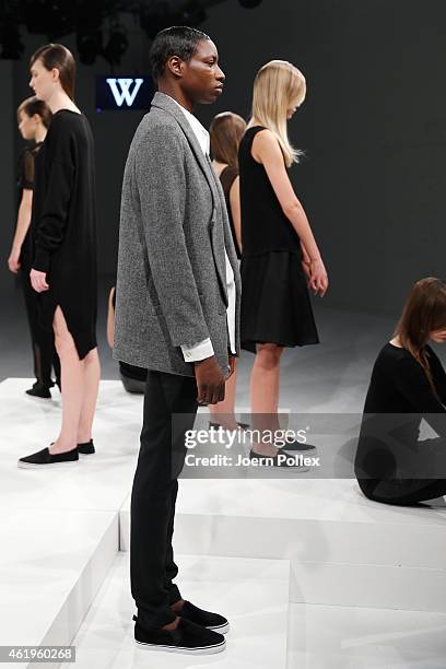 Models pose at the Whitetail show during the Mercedes-Benz Fashion Week Berlin Autumn/Winter 2015/16 at Brandenburg Gate on January 22, 2015 in...