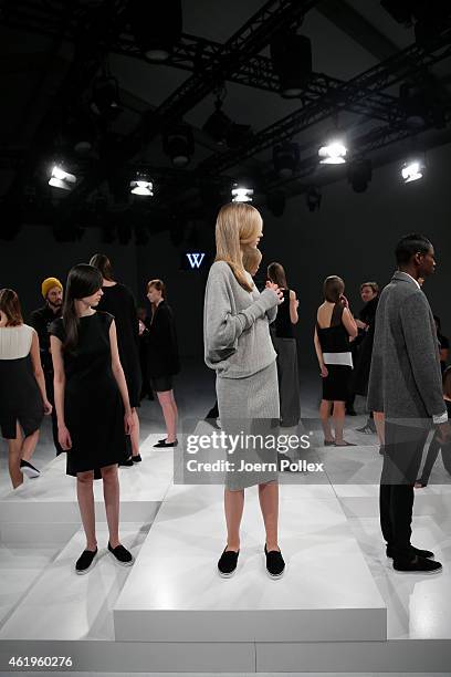 Models pose at the Whitetail show during the Mercedes-Benz Fashion Week Berlin Autumn/Winter 2015/16 at Brandenburg Gate on January 22, 2015 in...