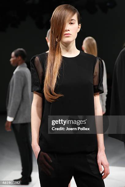 Models pose at the Whitetail show during the Mercedes-Benz Fashion Week Berlin Autumn/Winter 2015/16 at Brandenburg Gate on January 22, 2015 in...