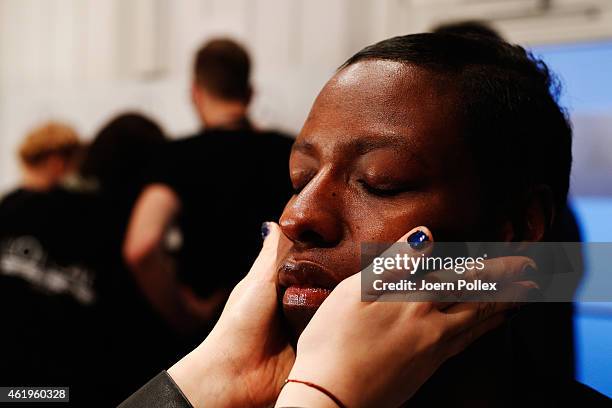 Model is seen backstage ahead of the Whitetail show during the Mercedes-Benz Fashion Week Berlin Autumn/Winter 2015/16 at Brandenburg Gate on January...