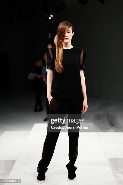 Model poses at the Whitetail show during the Mercedes-Benz Fashion Week Berlin Autumn/Winter 2015/16 at Brandenburg Gate on January 22, 2015 in...