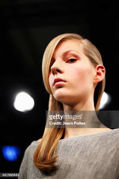 Model poses at the Whitetail show during the Mercedes-Benz Fashion Week Berlin Autumn/Winter 2015/16 at Brandenburg Gate on January 22, 2015 in...