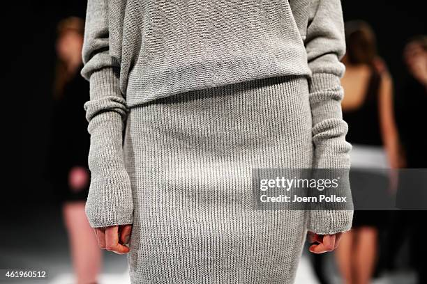 Model poses at the Whitetail show during the Mercedes-Benz Fashion Week Berlin Autumn/Winter 2015/16 at Brandenburg Gate on January 22, 2015 in...