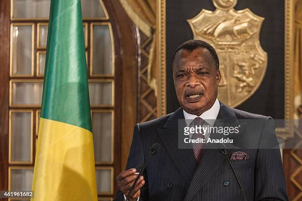 Congo's President Denis Sassou Nguesso holds a press conference at presidential palace in Tunis, Tunisia, on January 22, 2015.