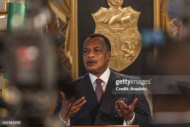 Congo's President Denis Sassou Nguesso holds a press conference at presidential palace in Tunis, Tunisia, on January 22, 2015.