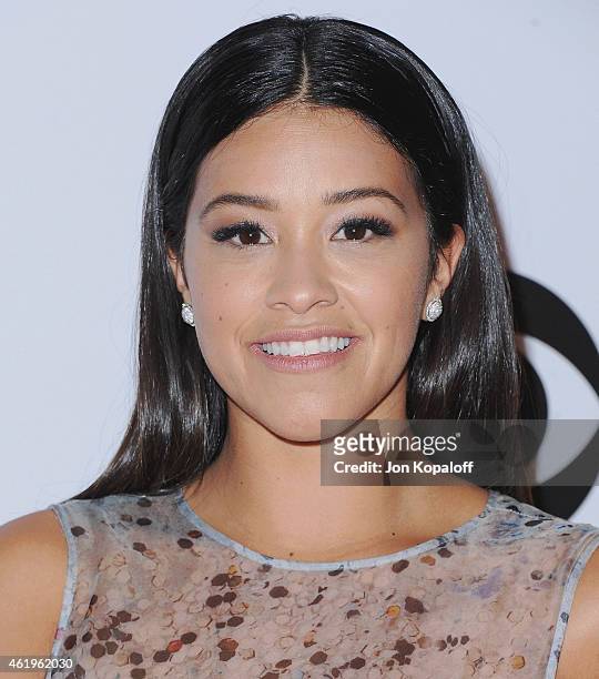 Actress Gina Rodriguez poses in the press room at The 41st Annual People's Choice Awards at Nokia Theatre L.A. Live on January 7, 2015 in Los...