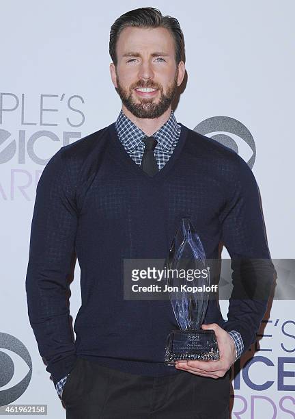 Actor Chris Evans poses in the press room at The 41st Annual People's Choice Awards at Nokia Theatre L.A. Live on January 7, 2015 in Los Angeles,...