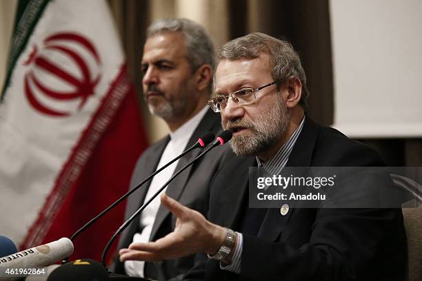 Speaker of the Islamic Consultative Assembly of Iran, Ali Larijani speaks to the media at Parliamentary Union of the OIC Member States conference at...