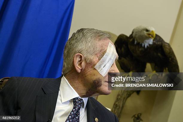 Senate Minority Leader Senator Harry Reid listens to questions during a press conference on Capitol Hill on January 22, 2015 in Washington, DC. Reid,...