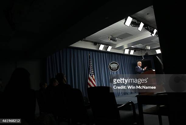 Secretary of Defense Chuck Hagel answers questions during a press briefing at the Pentagon January 22, 2015 in Arlington, Virginia. The press...