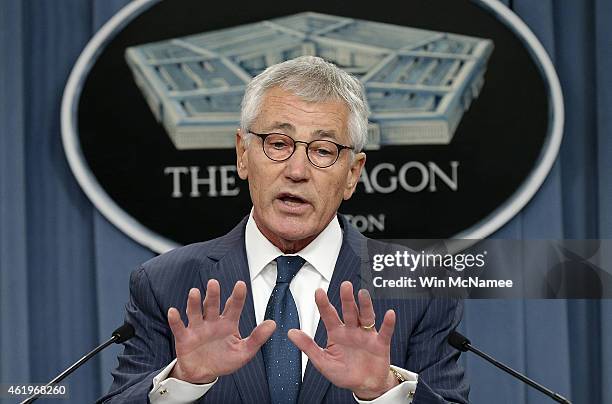 Secretary of Defense Chuck Hagel answers questions during a press briefing at the Pentagon January 22, 2015 in Arlington, Virginia. The press...