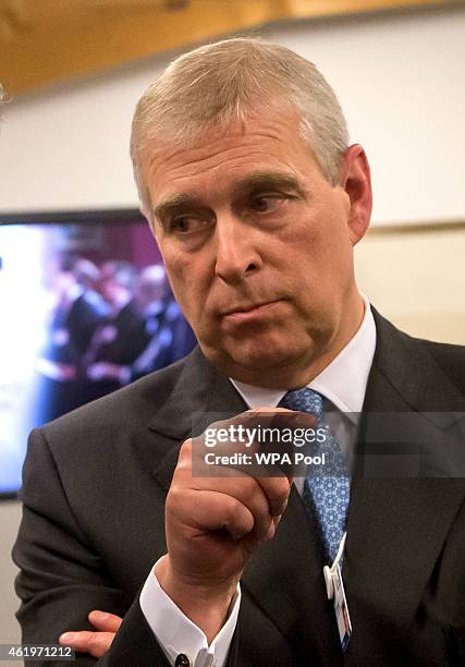 Prince Andrew, Duke of York speaks to business leaders during a reception with business leaders at the sideline of the World Economic Forum on...