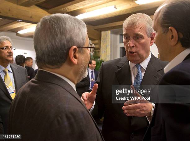 Prince Andrew, Duke of York speaks to business leaders during a reception with business leaders at the sideline of the World Economic Forum on...