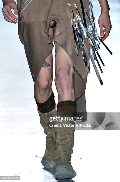 Model walks the runway during the Rick Owens Menswear Fall/Winter 2015-2016 show as part of Paris Fashion Week on January 22, 2015 in Paris, France.