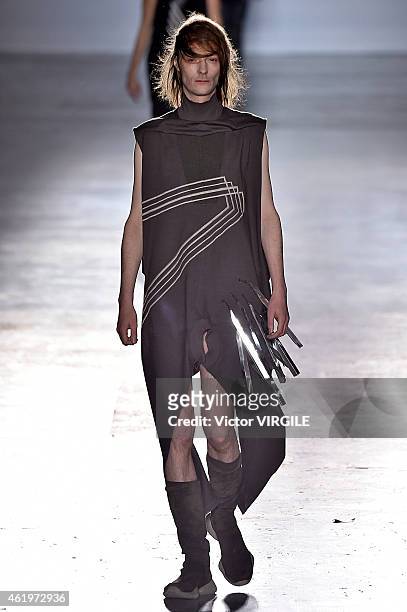 Model walks the runway during the Rick Owens Menswear Fall/Winter 2015-2016 show as part of Paris Fashion Week on January 22, 2015 in Paris, France.