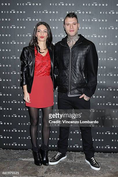 Alessandra Moschillo and Fedez attend the Richmond show as a part of Milan Fashion Week Menswear Autumn/Winter 2014 on January 12, 2014 in Milan,...