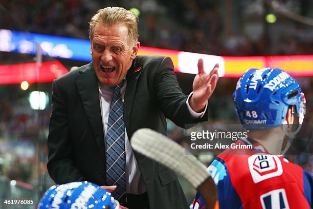 Head coach Hans Zach of Mannheim reacts during the DEL match between Adler Mannheim and Hamburg Freezers at SAP Arena on January 12, 2014 in...