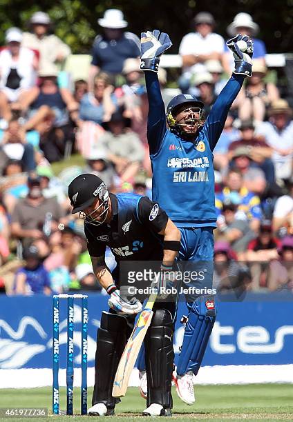 Prasanna Jayawardene of Sri Lanka appeals for the wicket of Brendon McCullum of New Zealand during the One Day International match between New...