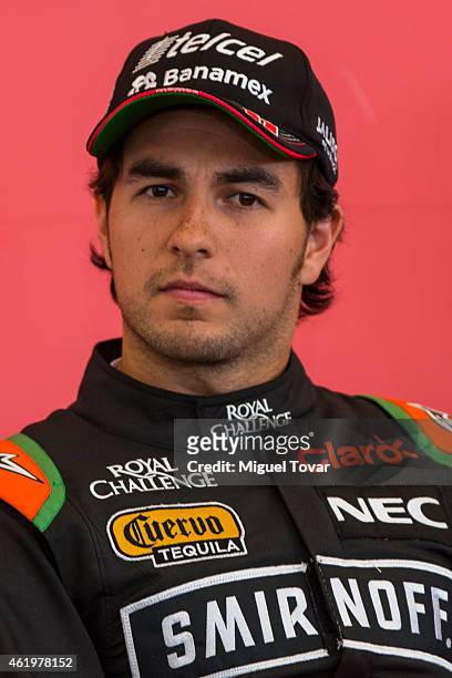Pilot Sergio Checo Perez attends a press conference at the Hermanos Rodriguez Racing Circuit Facilities on January 22, 2015 in Mexico City, Mexico....