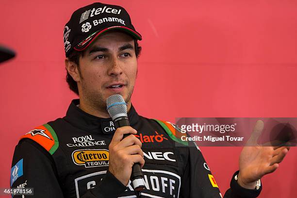 Pilot Sergio Checo Perez talks during a press conference at the Hermanos Rodriguez Racing Circuit Facilities on January 22, 2015 in Mexico City,...