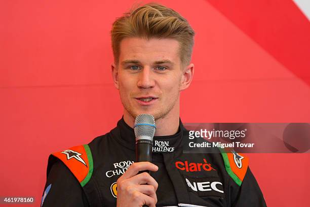Pilot Niko Hulkenberg talks during a press conference at the Hermanos Rodriguez Racing Circuit Facilities on January 22, 2015 in Mexico City, Mexico....