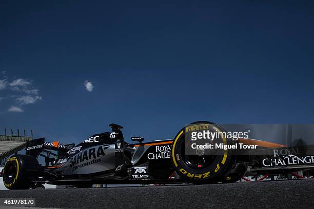 The F1Team Force's India new car is displayed at the Hermanos Rodriguez Racing Circuit Facilities on January 22, 2015 in Mexico City, Mexico. The...