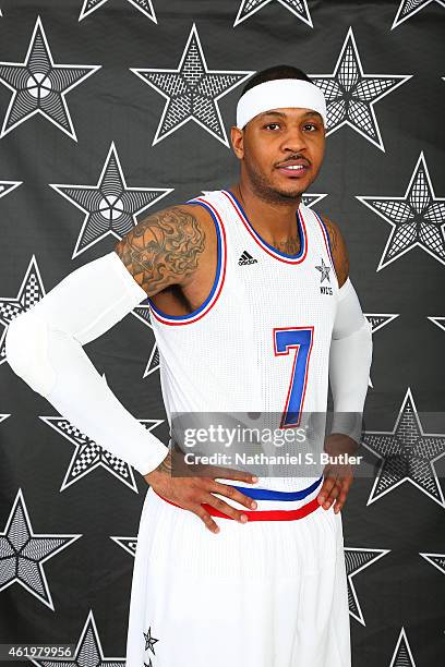 Carmelo Anthony of the New York Knicks poses for his All Star Starter photos on January 22, 2015 at Madison Square Garden in New York City, New York....