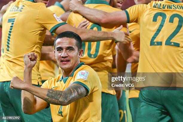 Tim Cahill of Australia celebrates after scoring a goal during the 2015 Asian Cup match between China PR and the Australian Socceroos at Suncorp...