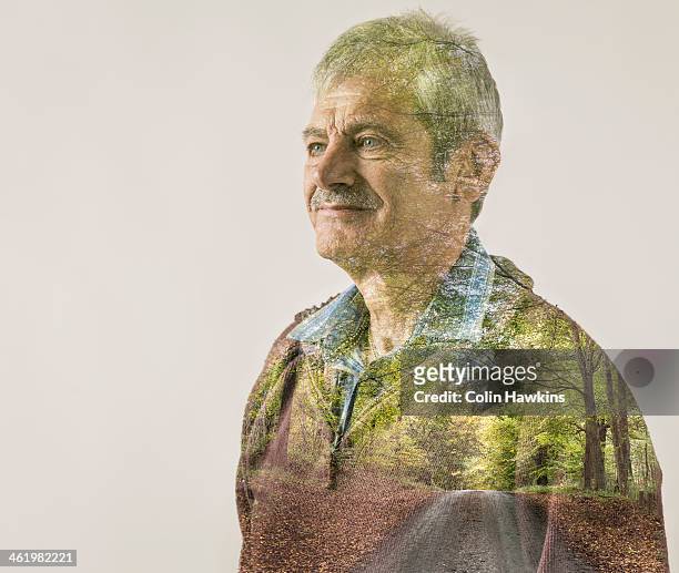 senior male portrait with rural track overlay - multiple exposure stock pictures, royalty-free photos & images