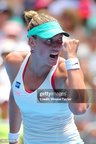 Yanina Wickmayer of Belgium celebrates a point in her third round match against Sara Errani of Italy during day five of the 2015 Australian Open at...