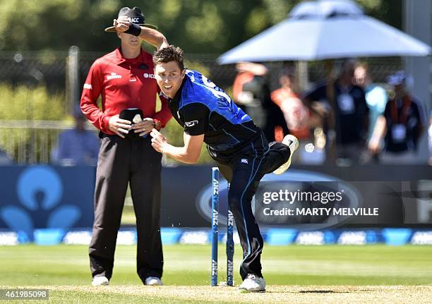 New Zealand's Trent Boult bowls during the fifth one day International cricket match between New Zealand and Sri Lanka in Dunedin at University Oval...