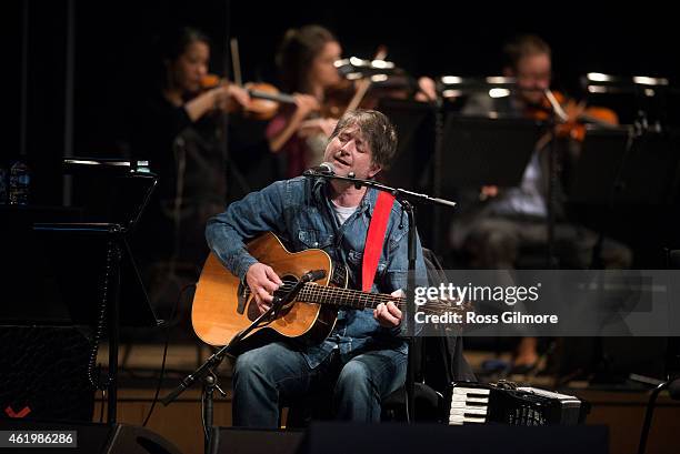 Kenny Anderson aka King Creosote performs along to the a composite documentary film 'From Scotland with Love' on stage at Celtic Connections Festival...